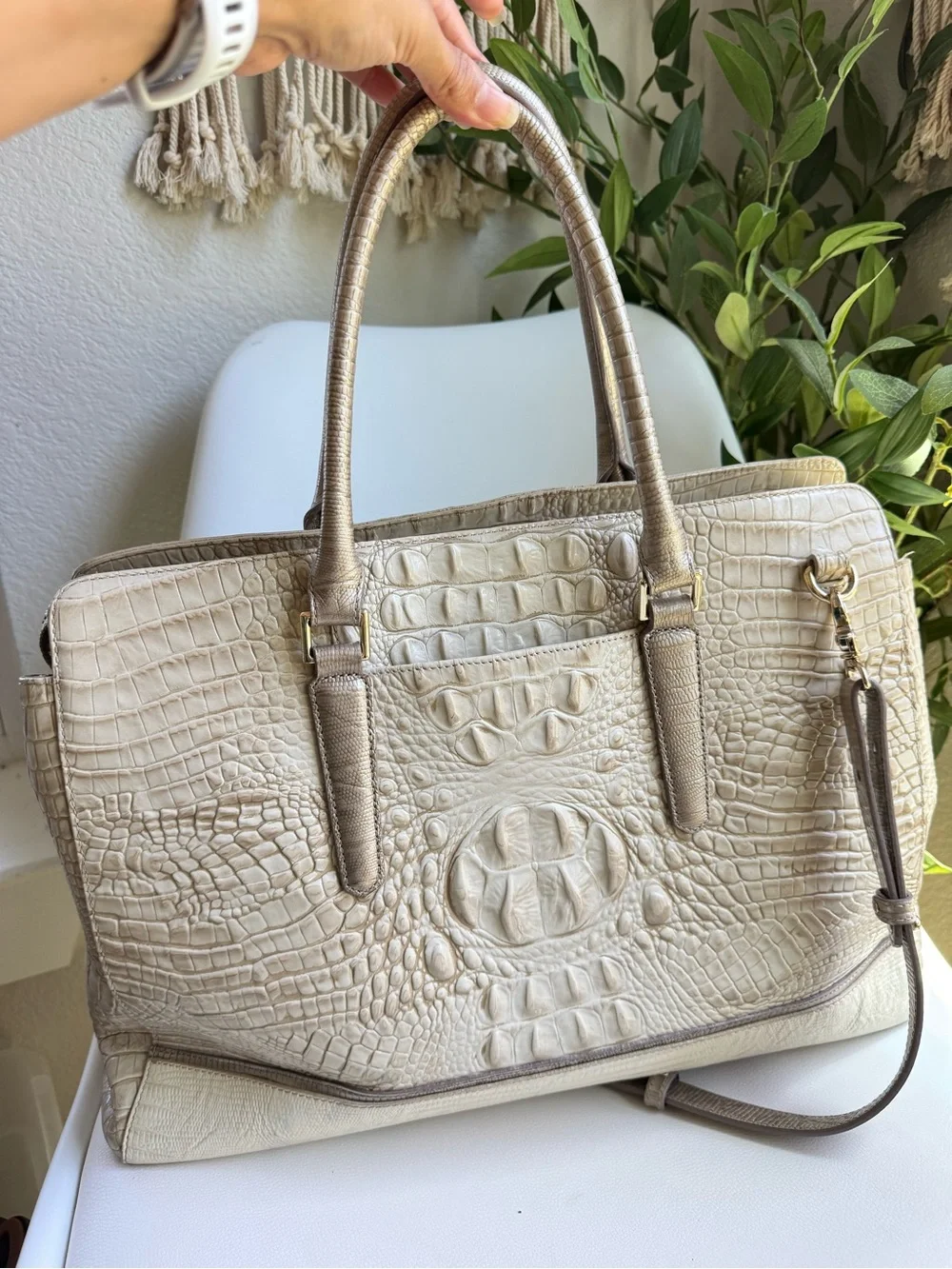 Brahmin Ivory Cream Croc Embossed Leather Large Tote Satchel Shoulder Bag
